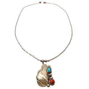 Vintage Navajo Sterling Silver Necklace With Turquoise & Coral Pendant